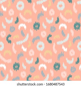 Abstraktes ethnisches Ikat-Muster, nahtlos mit pastellfarbenen, skribbaren geometrischen Formen im Stil von Memphis auf rosafarbenem Hintergrund.Doodle-Zeichnung. Fancy tribale Textur für Stoffdruck, Tapete, Packpapier, Karten