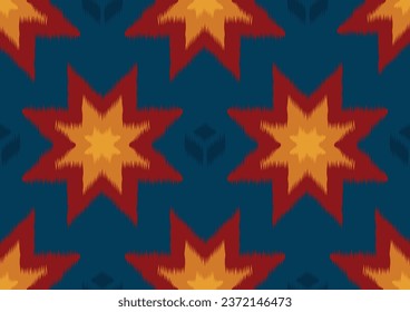 abstract ethnic ikat seamless pattern, geometric shape red and yellow on blue background, design templates for wallpaper, carpet, wrapping, clothing, textile, fabric.