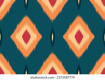 abstract ethnic ikat seamless pattern, geometric shape red and yellow on green background, design templates for wallpaper, carpet, wrapping, clothing, textile, fabric.