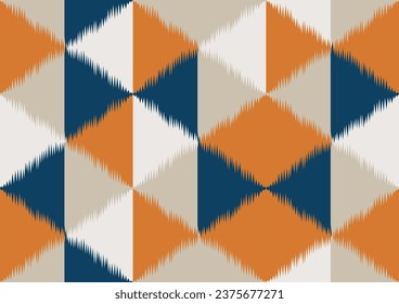 abstract ethnic ikat seamless pattern, geometric diamond shape background, orange and blue colors, design templates for wallpaper, wrapping, carpet, clothing, textile, fabric.