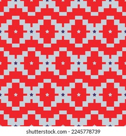 Abstract Ethnic Ikat Style Pixel Geometric Seamless Pattern Stars Squares Trendy Fashion Colors Perfect for Allover Print Red Soft Gray Tones