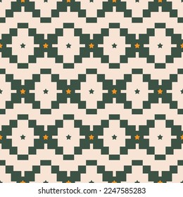 Abstract Ethnic Ikat Style Pixel Geometric Seamless Pattern Stars Squares Trendy Fashion Colors Perfect for Allover Print Dark Green Tones