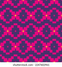 Resumen Estilo Ikat Étnico Pixel Estrellas de patrón geométrico sin foco Colores de moda a la moda Perfecto para la impresión de Allover Fuchsia Tonos morados oscuros