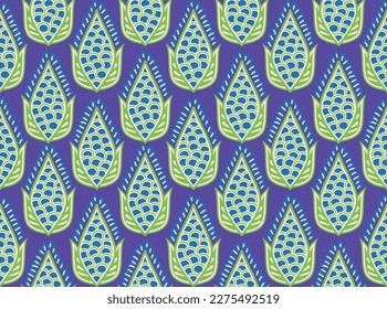 Abstract Ethnic Leaves Seeds Illustration Seamless Vector Pattern Trendy Fashion Colors Perfect for Allover Fabric Print or Wall Paper Electric Purple Green Blue Tones