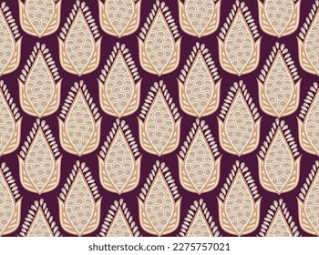 Abstract Ethnic Leaves Seeds Illustration Seamless Vector Pattern Trendy Fashion Colors Perfect for Allover Fabric Print or Wall Paper Dark Purple Ecru Tones