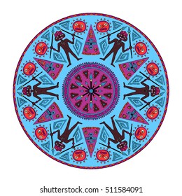 Abstract ethnic mandala. colorful indian drawing of bird, man with a pike, sun, teepee. Totem of wild tribe