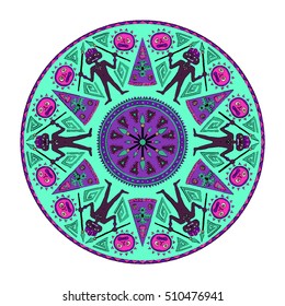 Abstract ethnic mandala. colorful tribal indian drawing of bird, man with a pike, sun, teepee. Hand drawn totem of wild tribe