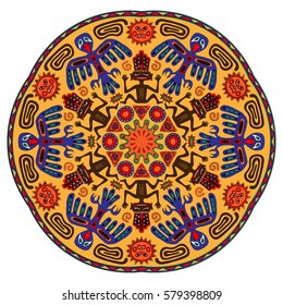 Abstract Ethnic Mandala. Colorful Tribal American Drawing of Bird, Man, Sun, Snake. Totem of Wild Tribe Hand Drawn in Primitive Style