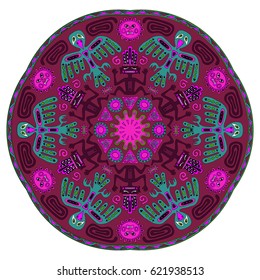 Abstract Ethnic Mandala. Colorful Tribal American Drawing of Bird, Man, Sun, Snake. Totem of Wild Tribe Hand Drawn in Primitive Style