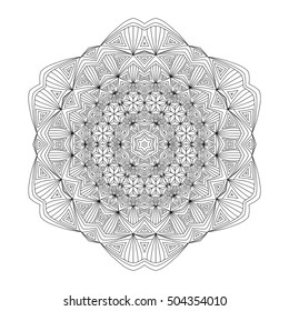 Abstract ethnic mandala. Monochrome black and white hand drawn pattern. Adult coloring book page