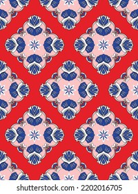 Abstract Ethnic Modern Damask Seamless Pattern Hand Drawn Vector Design Retro Concept Trendy Fashion Colors Perfect for Allover Fabric Print or Wrapping Paper Red Background
