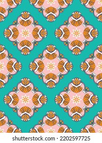 Abstract Ethnic Modern Damask Seamless Pattern Hand Drawn Vector Design Retro Concept Trendy Fashion Colors Perfect for Allover Fabric Print or Wrapping Paper Tiffany Blue Orange Tones