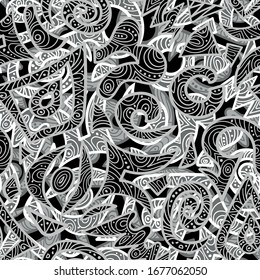 Abstract ethnic monochrome drawn patterns with a white stroke. The pattern element is hidden under the mask and is editable.