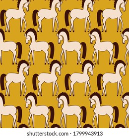 Abstract Ethnic Mystic Horses Drawing Seamless Vector Pattern Isolated Background