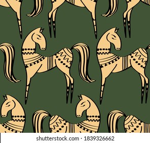 Abstract Ethnic Mystic Horses Drawing Seamless Vector Pattern Isolated Background