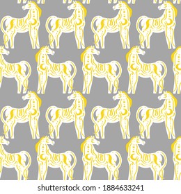 Abstract Ethnic Mystic Horses Drawing Seamless Vector Pattern Isolated Background