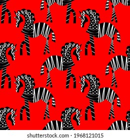 Abstract Ethnic Mystic Horses Zebras Drawing Seamless Vector Pattern Isolated Background