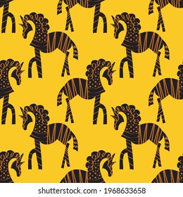 Abstract Ethnic Mystic Horses Zebras Drawing Seamless Vector Pattern Isolated Background