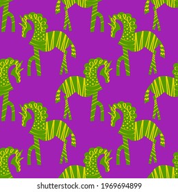 Abstract Ethnic Mystic Horses Zebras Drawing Seamless Vector Pattern Isolated Background