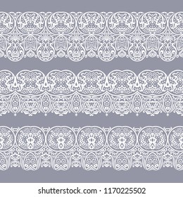 Abstract ethnic nature seamless line art stripes set. Ornamental lace vector borders