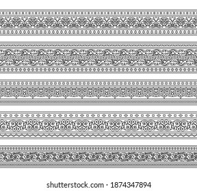Abstract ethnic nature seamless line art stripes set. Ornamental lace vector borders