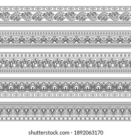 Abstract ethnic nature seamless line art stripes set. Ornamental lace vector borders