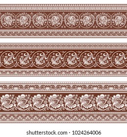 Abstract ethnic nature tile stripes. Ornamental vector borders set