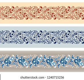 Abstract ethnic nature tile stripes set. Ornamental vector seamless border