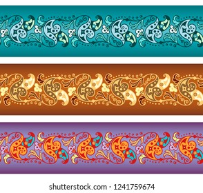Abstract ethnic nature tile stripes set. Ornamental vector seamless border