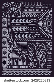 Abstract ethnic ornament, wall art. Ancient Inca geometric background, poster. Traditional Maya print, Cherokee pattern, Aztec symbols, tribal Peruvian elements on carpet. Flat vector illustration