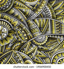 Abstract ethnic ornamental pattern. Vector vintage yellow and grey background. Colors of the year 2021 tribal square design for print on fabric, textile, greeting cards, phone cases, scarves