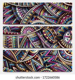 Abstract ethnic ornamental stripes design set. 3 Vector vintage banners collection. Colorful background