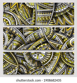 Abstract ethnic ornamental stripes design set. 3 Vector vintage banners collection. Pantone colors of the year 2021 background