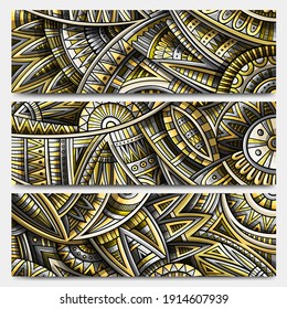 Abstract ethnic ornamental stripes design set. 3 Vector vintage banners collection. Pantone colors of the year 2021 background