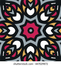 Abstract ethnic ornate background. Bright, juicy ornament. Geometric pattern for fashion textile, cloth, texture. Vector ornament. Kaleidoscope big bud.  Islam, Arabic, Indian, ottoman motifs.