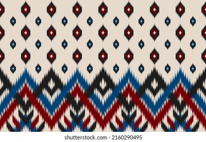 Abstrakte ethnische Musterkunst. Ikat nahtloses Muster in Stammeskunst. Die Einrichtung ist im mexikanischen Stil gehalten. Design für Hintergrund, Tapete, Vektorgrafik, Stoff, Kleidung, Teppich, Textil, Batik, Stickerei.