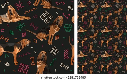 Abstract ethnic pattern with Bloodhound, black history month, juneteenth seamless pattern with hand-drawn lines and colorful shapes in traditional African style. Summer seamless pattern with dogs.