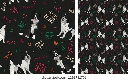 Abstract ethnic pattern with Border collie, black history month, juneteenth seamless pattern with hand-drawn lines and colorful shapes in traditional African style. Summer seamless pattern with dogs. 