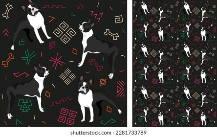 Abstract ethnic pattern with Boston terrier, black history month, juneteenth seamless pattern with hand-drawn lines and colorful shapes in traditional African style. Summer seamless pattern with dogs.