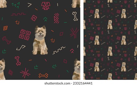 Abstract ethnic pattern with Cairn Terrier on a black background, juneteenth seamless pattern with hand-drawn lines. Summer seamless pattern with dogs and abstract colorful shapes. Wild cartoon set.