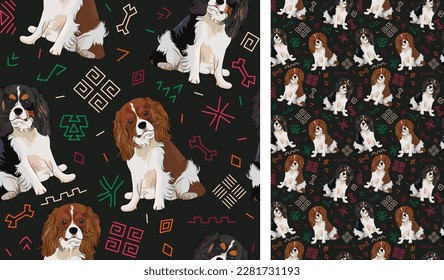 Abstract ethnic pattern with Cavalier King Charles Spaniel, black history month, juneteenth seamless pattern with hand-drawn lines and colorful shapes in traditional African style. Seamless pattern.