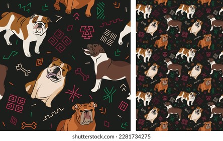 Abstract ethnic pattern with English Bulldog, black history month, juneteenth seamless pattern with hand-drawn lines and colorful shapes in traditional African style. Summer seamless pattern with dogs