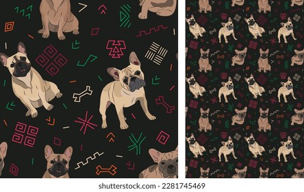 Abstract ethnic pattern with French Bulldog, black history month, juneteenth seamless pattern with hand-drawn lines and colorful shapes in traditional African style. Summer seamless pattern with dogs.