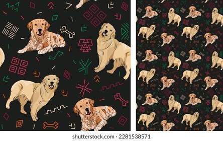 Abstract ethnic pattern with Golden retriever, black history month, juneteenth seamless pattern with hand-drawn lines and colorful shapes in traditional African style. Summer seamless pattern with dog