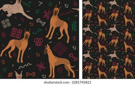 Abstract ethnic pattern with Great Dane, black history month, juneteenth seamless pattern with hand-drawn lines and colorful shapes in traditional African style. Summer seamless pattern with dogs.