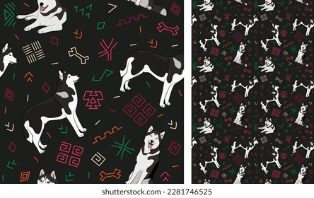 Abstract ethnic pattern with Husky, black history month, juneteenth seamless pattern with hand-drawn lines and colorful shapes in traditional African style. Summer seamless pattern with dogs. Bright