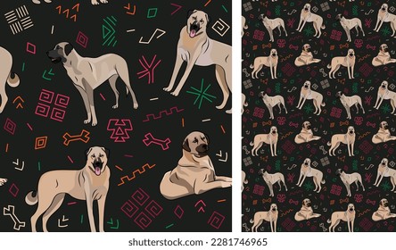 Abstract ethnic pattern with Kangal, black history month, juneteenth seamless pattern with hand-drawn lines and colorful shapes in traditional African style. Summer seamless pattern with dogs. Bright 