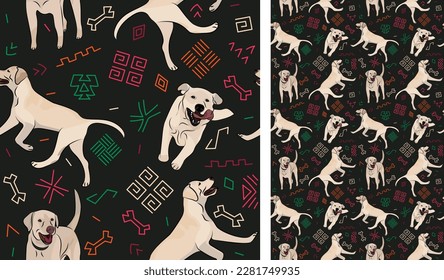 Abstract ethnic pattern with labrador retriever, black background, juneteenth seamless pattern with hand-drawn lines and colorful shapes in traditional African style. Summer seamless pattern with dogs