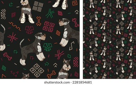 Abstract ethnic pattern with Miniature Schnauzer, black background, juneteenth seamless pattern with hand-drawn lines and colorful shapes in traditional African style. Summer seamless pattern with dog