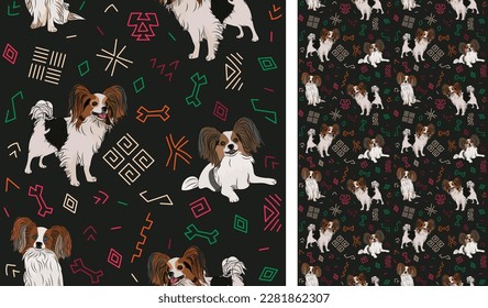 Abstract ethnic pattern with Papillon, black background, juneteenth seamless pattern with hand-drawn lines and colorful shapes in traditional African style. Summer seamless pattern with dogs. Bright